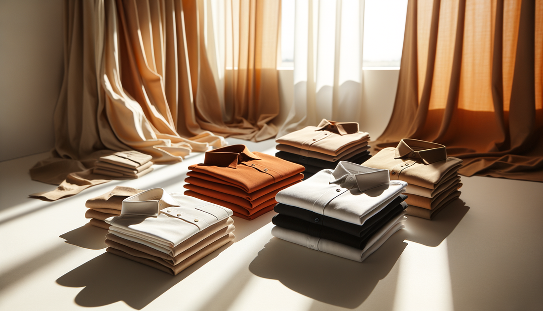 modern men’s shirts and overshirts folded neatly in warm, bright studio light