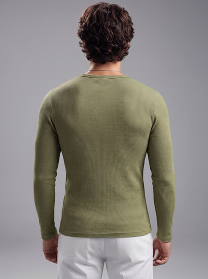 Men’s Luxury Waffle-Knit Henley – Sage Olive Relaxed Fit