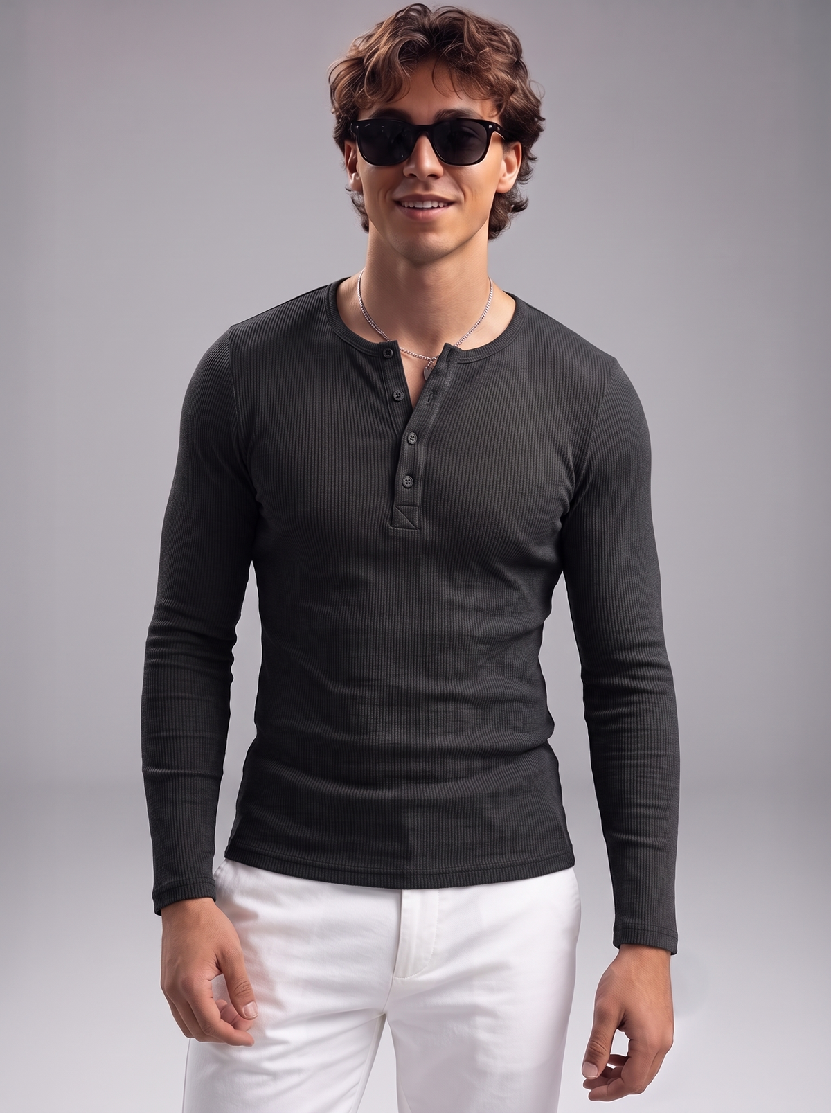 Men's Jet Black Waffle Knit Henley – Long Sleeve Slim Fit Thermal Top