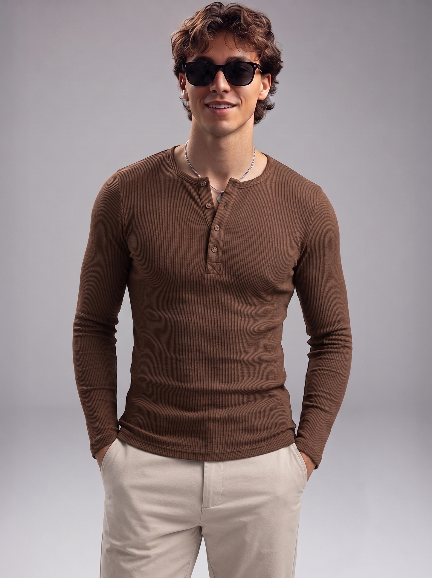 Men's Brown Waffle Knit Henley – Long Sleeve Thermal Slim Fit Top
