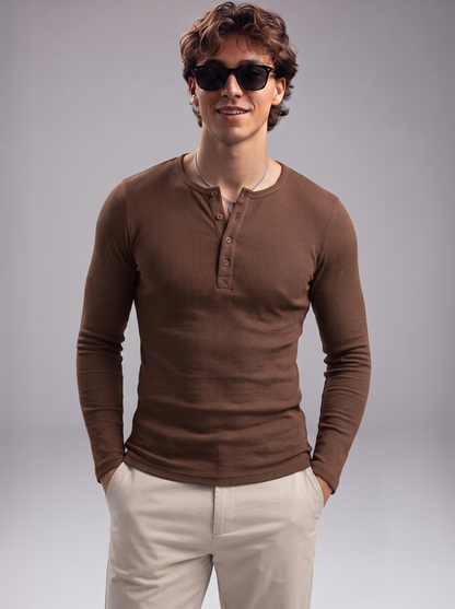 Men's Brown Waffle Knit Henley – Long Sleeve Thermal Slim Fit Top
