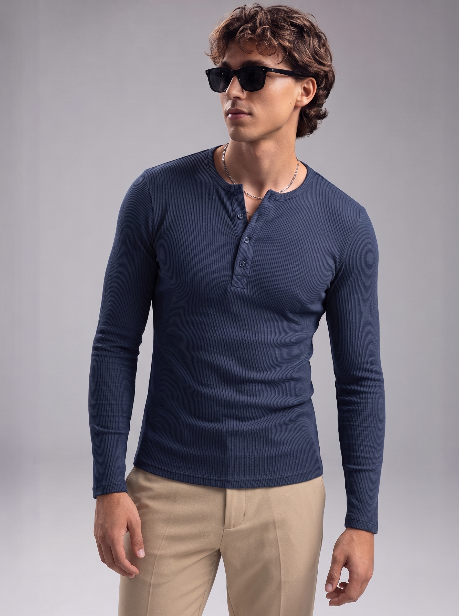 Men's Navy Blue Waffle Knit Henley – Long Sleeve Thermal Slim Fit Top