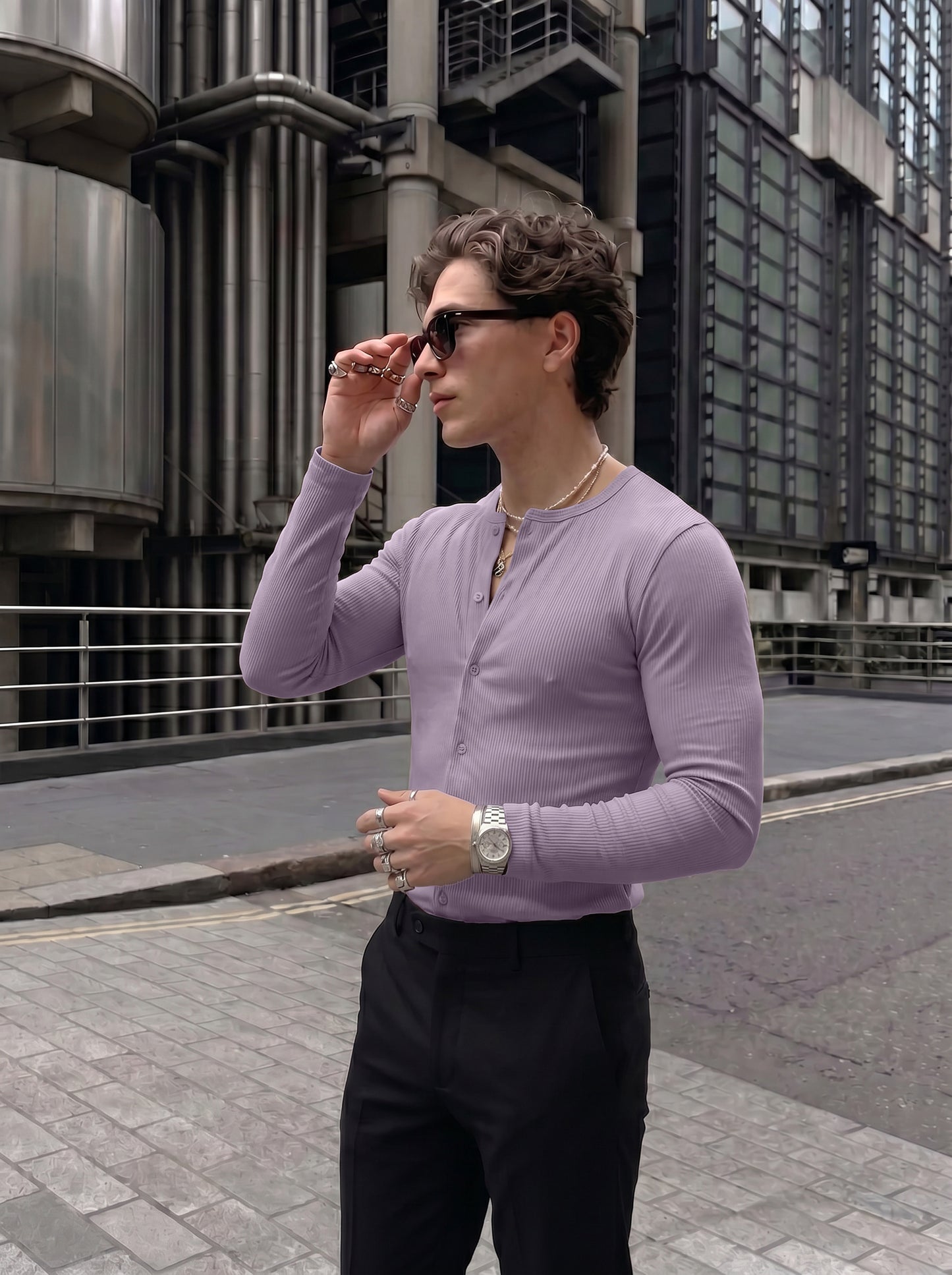 Premium Lavender Ribbed Henley Full-Sleeve T-Shirt for Men