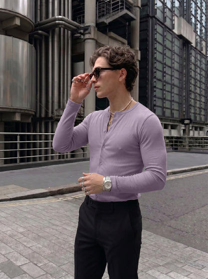 Premium Lavender Ribbed Henley Full-Sleeve T-Shirt for Men
