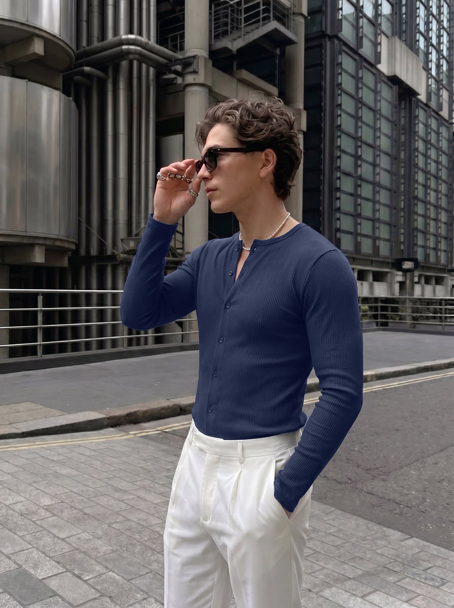 Men's Premium Navy Blue Ribbed Cotton Casual Open-Front Shirt
