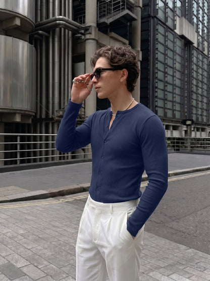 Men's Premium Navy Blue Ribbed Cotton Casual Open-Front Shirt