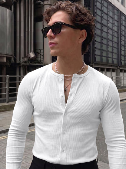 Men's Minimalist Crisp White Ribbed Cotton Open-Front Casual Shirt