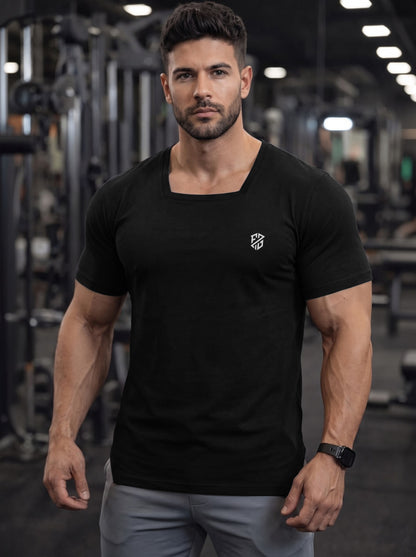 Men's Black Square-Neck Muscle-Fit Gym T-Shirt