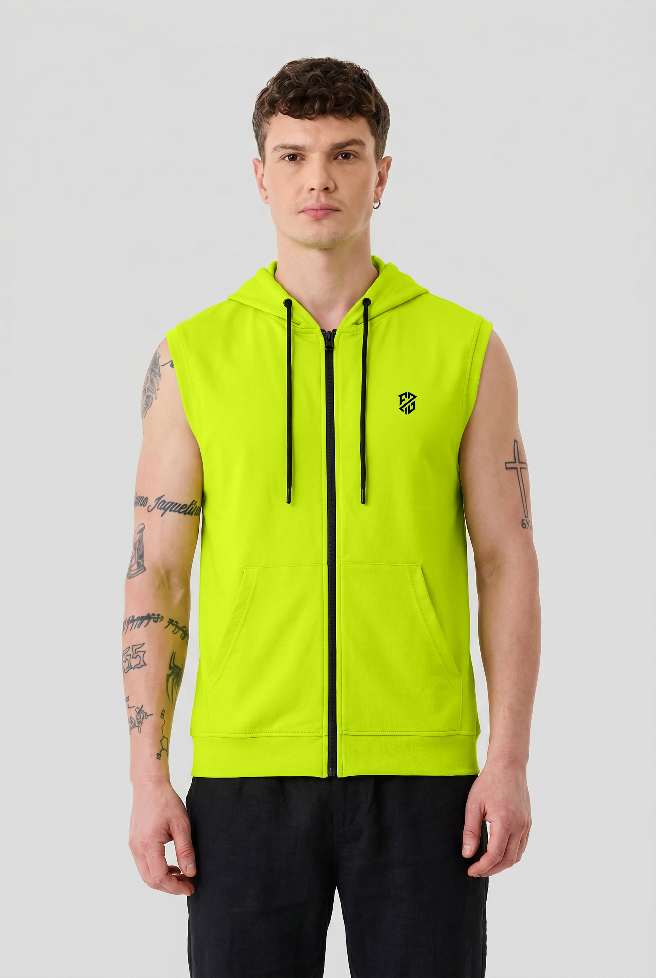 Men's Neon Green Sleeveless Zip-Up Hoodie | Casual Gym & Sportswear Vest