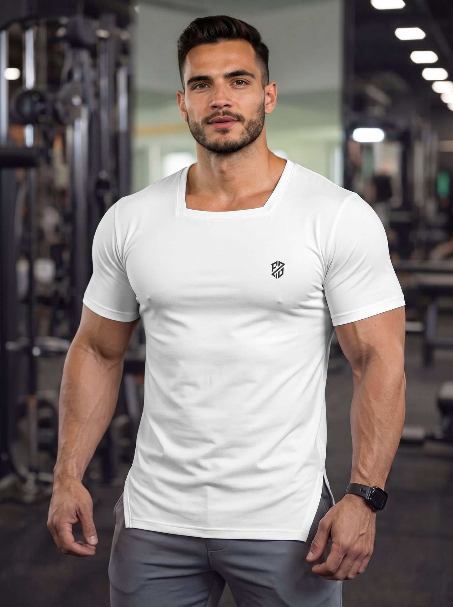 Men's White Square-Neck Muscle-Fit Gym T-Shirt
