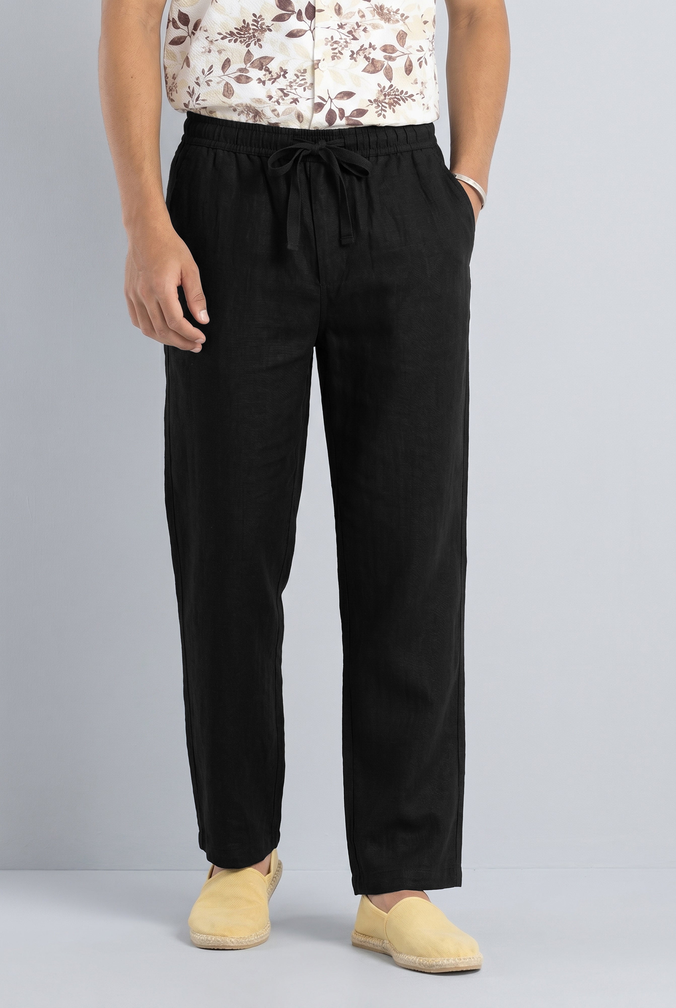 Men's Solid Black Casual Cotton Linen Trousers with Drawstring