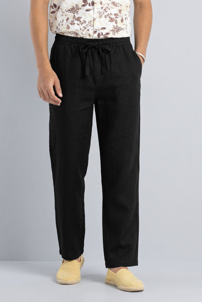 Men's Solid Black Casual Cotton Linen Trousers with Drawstring