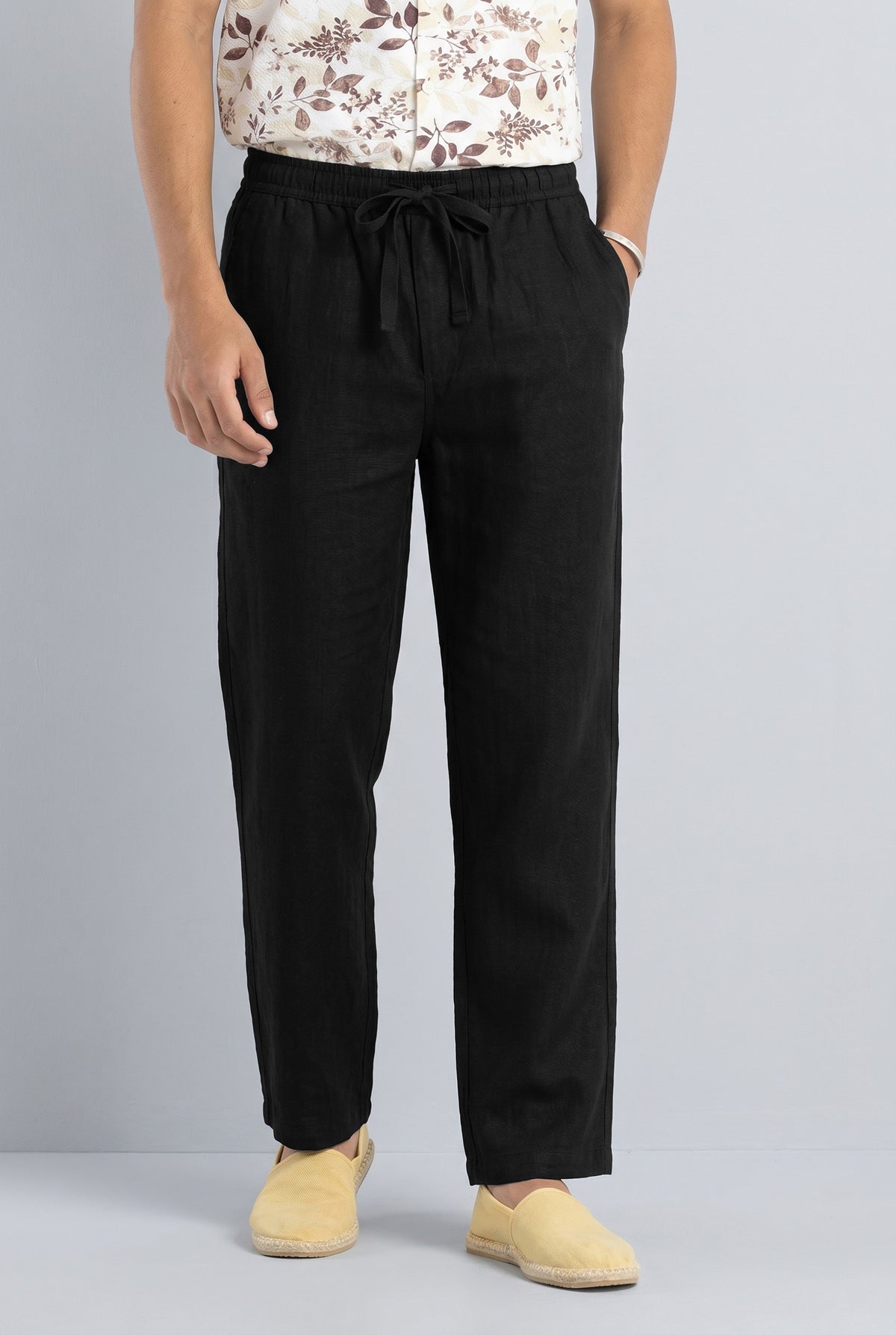 Men's Solid Black Casual Cotton Linen Trousers with Drawstring
