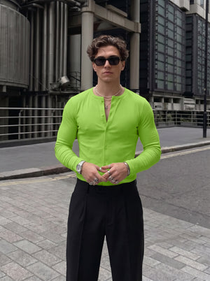 Men's Bold Neon Green Ribbed Button-Down Long-Sleeve Casual Shirt