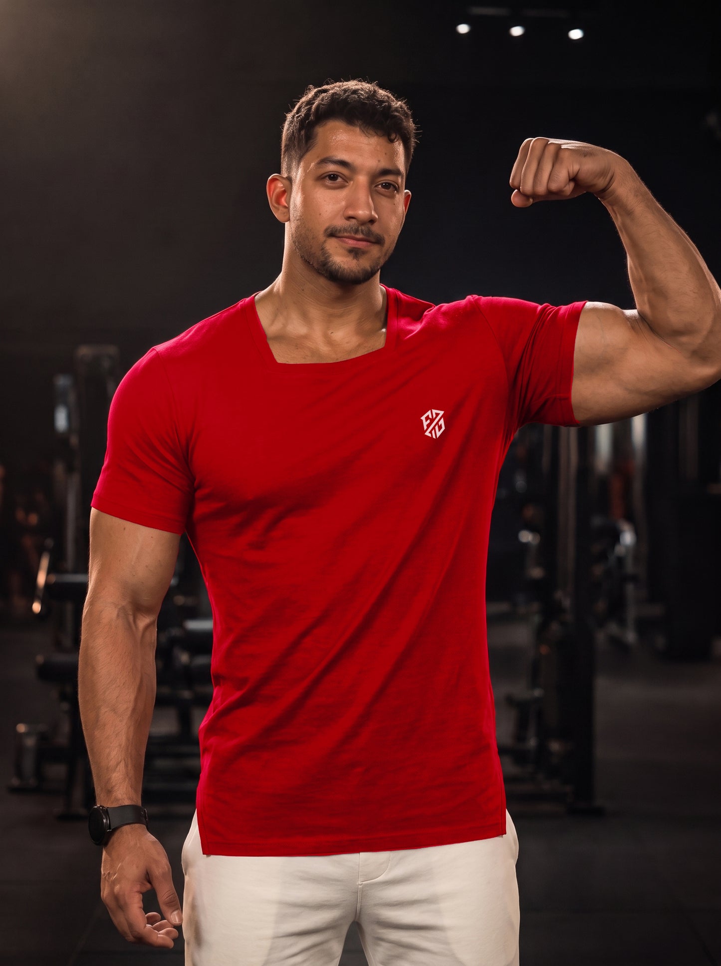 Square-Neck Stretchable Slim-Fit Red T-Shirt for Men
