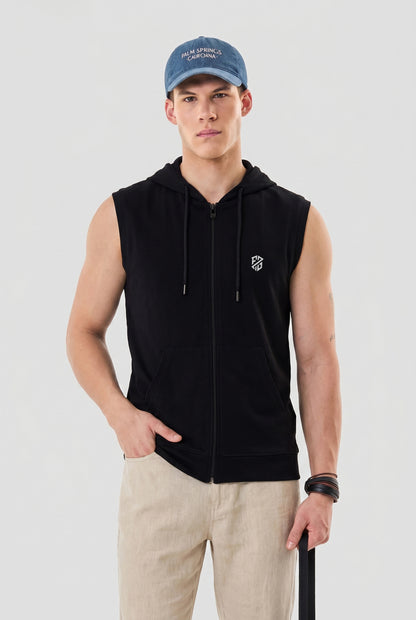 Men's Black Sleeveless Zip-Up Hoodie | Casual Gym & Sportswear Vest