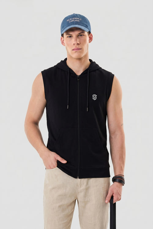 Men's Black Sleeveless Zip-Up Hoodie | Casual Gym & Sportswear Vest