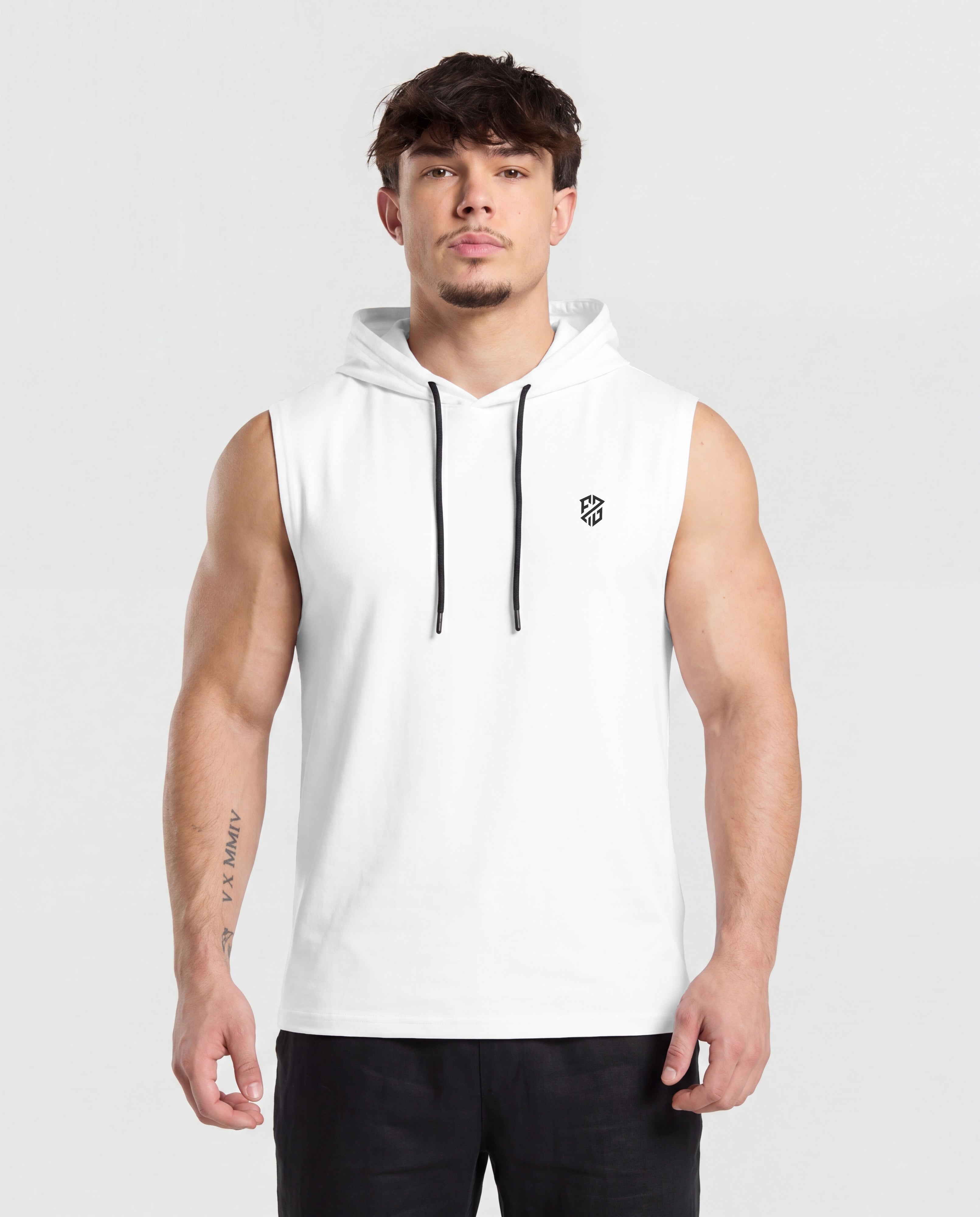 Men's Premium White Sleeveless Hooded T-Shirt | Classic Fit Gym & Streetwear Vest