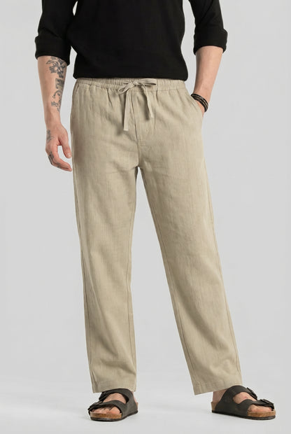 Men's Beige Casual Cotton Linen Trousers with Drawstring