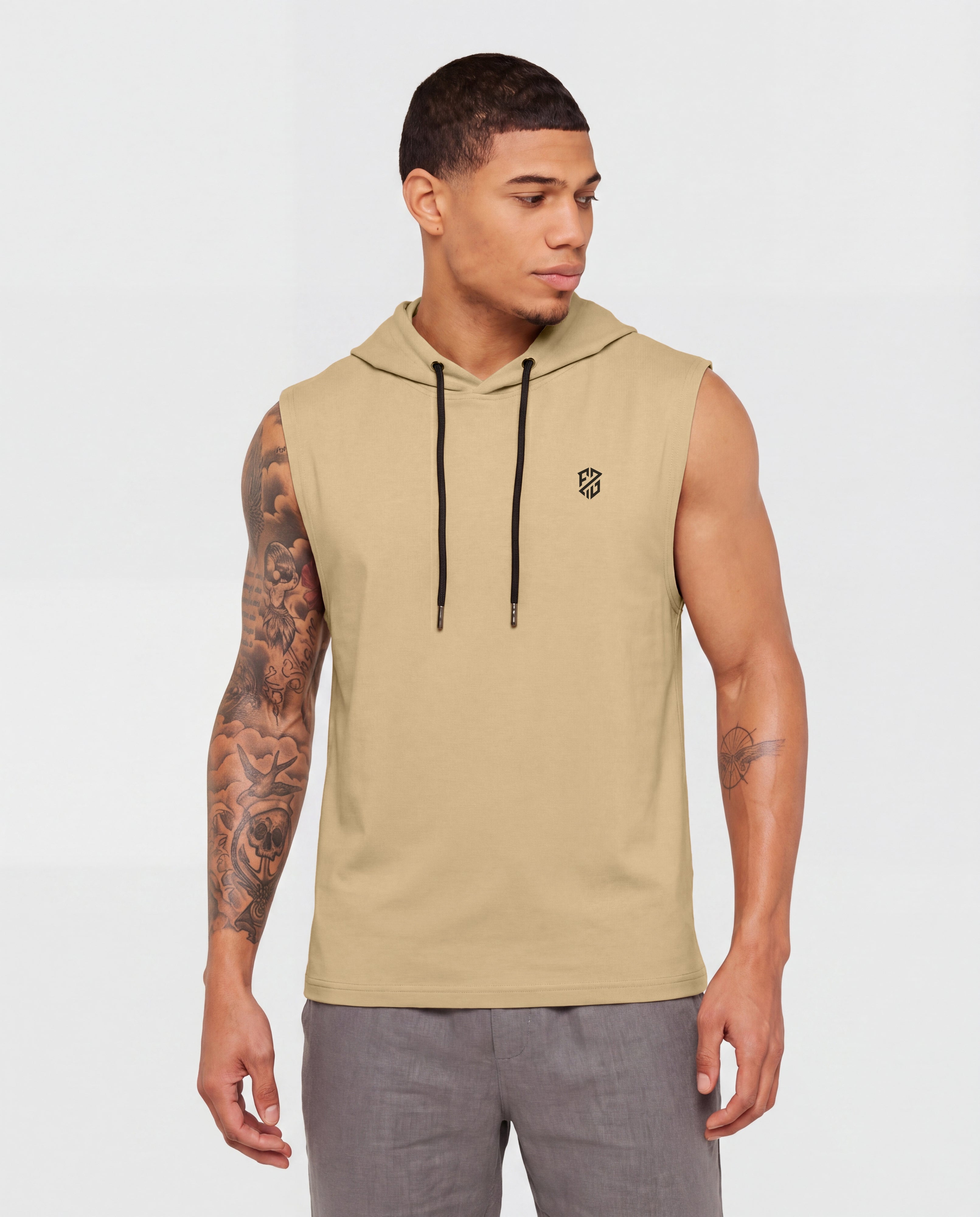 Men's Premium Beige Sleeveless Hooded T-Shirt | Slim Fit Khaki Gym & Streetwear Vest