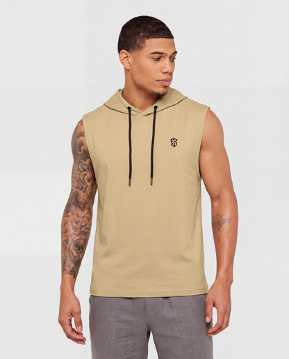 Men's Premium Beige Sleeveless Hooded T-Shirt | Slim Fit Khaki Gym & Streetwear Vest