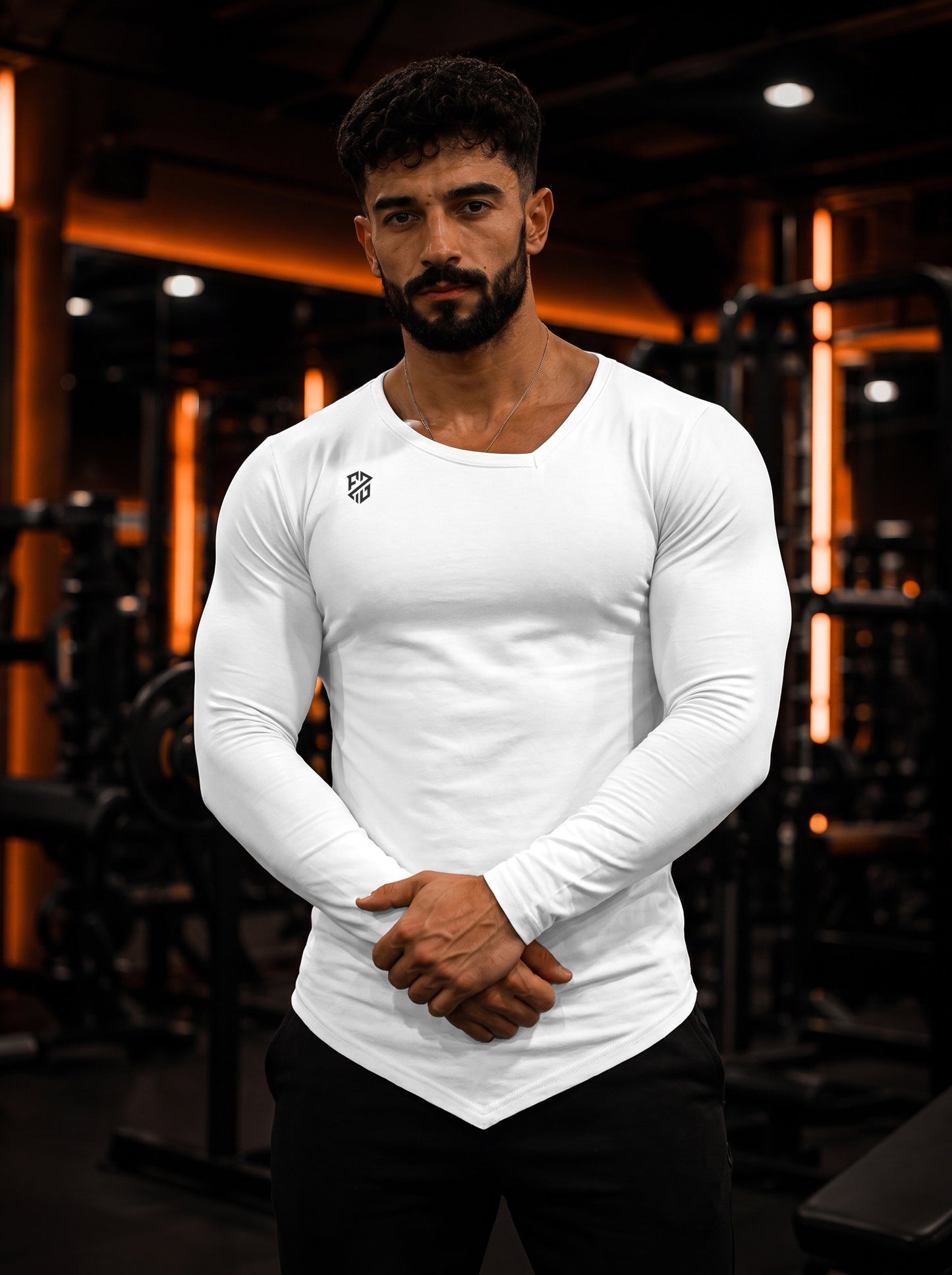 Men's White Full Sleeve Muscle-Fit Gym T-Shirt