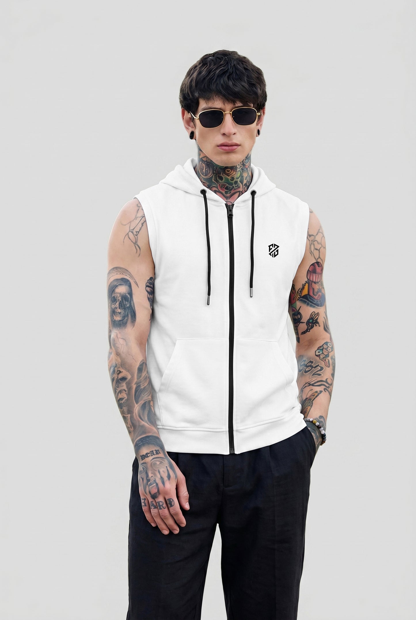 Men's White Sleeveless Zip-Up Hoodie | Casual Gym & Sportswear Vest