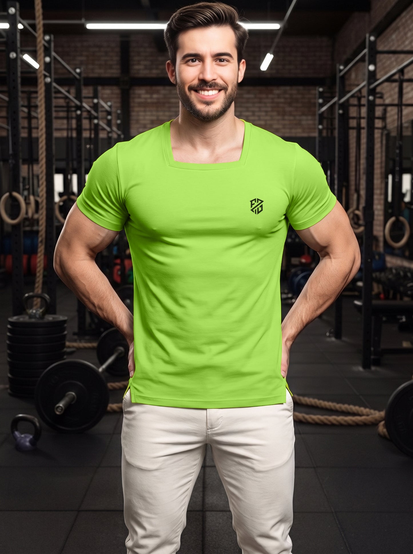 Men's Kiwi Green Square-Neck Muscle-Fit Gym T-Shirt
