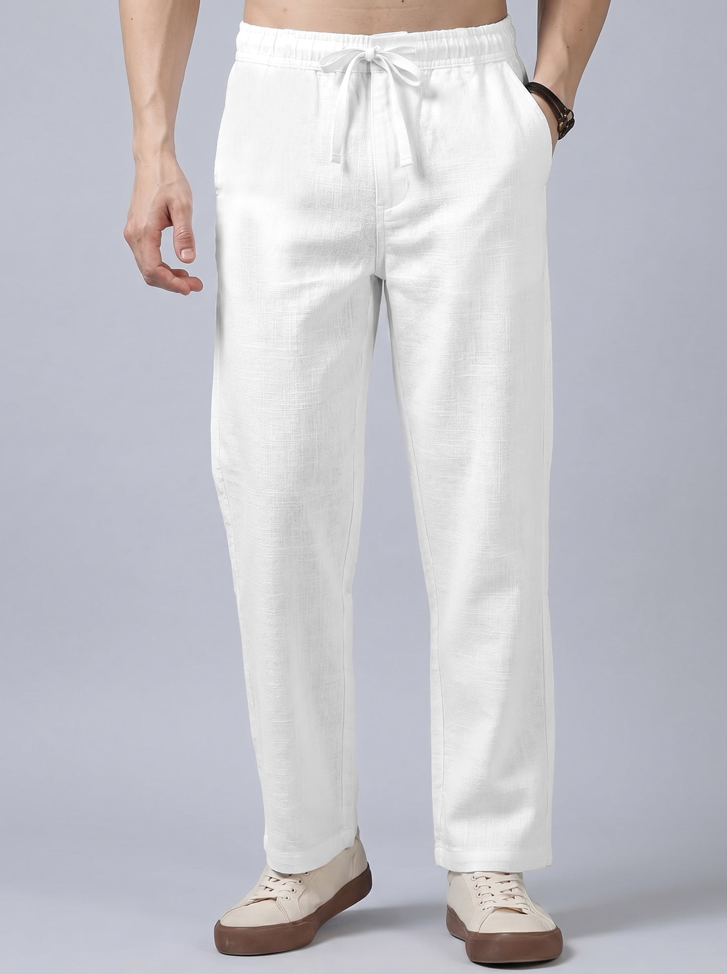 Men's Solid White Casual Cotton Linen Trousers with Drawstring
