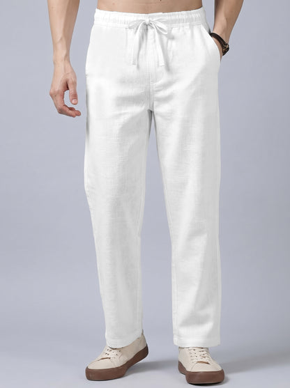 Men's Solid White Casual Cotton Linen Trousers with Drawstring