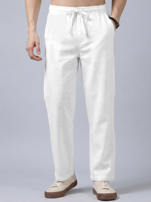 Men's Solid White Casual Cotton Linen Trousers with Drawstring