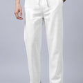 Men's Solid White Casual Cotton Linen Trousers with Drawstring