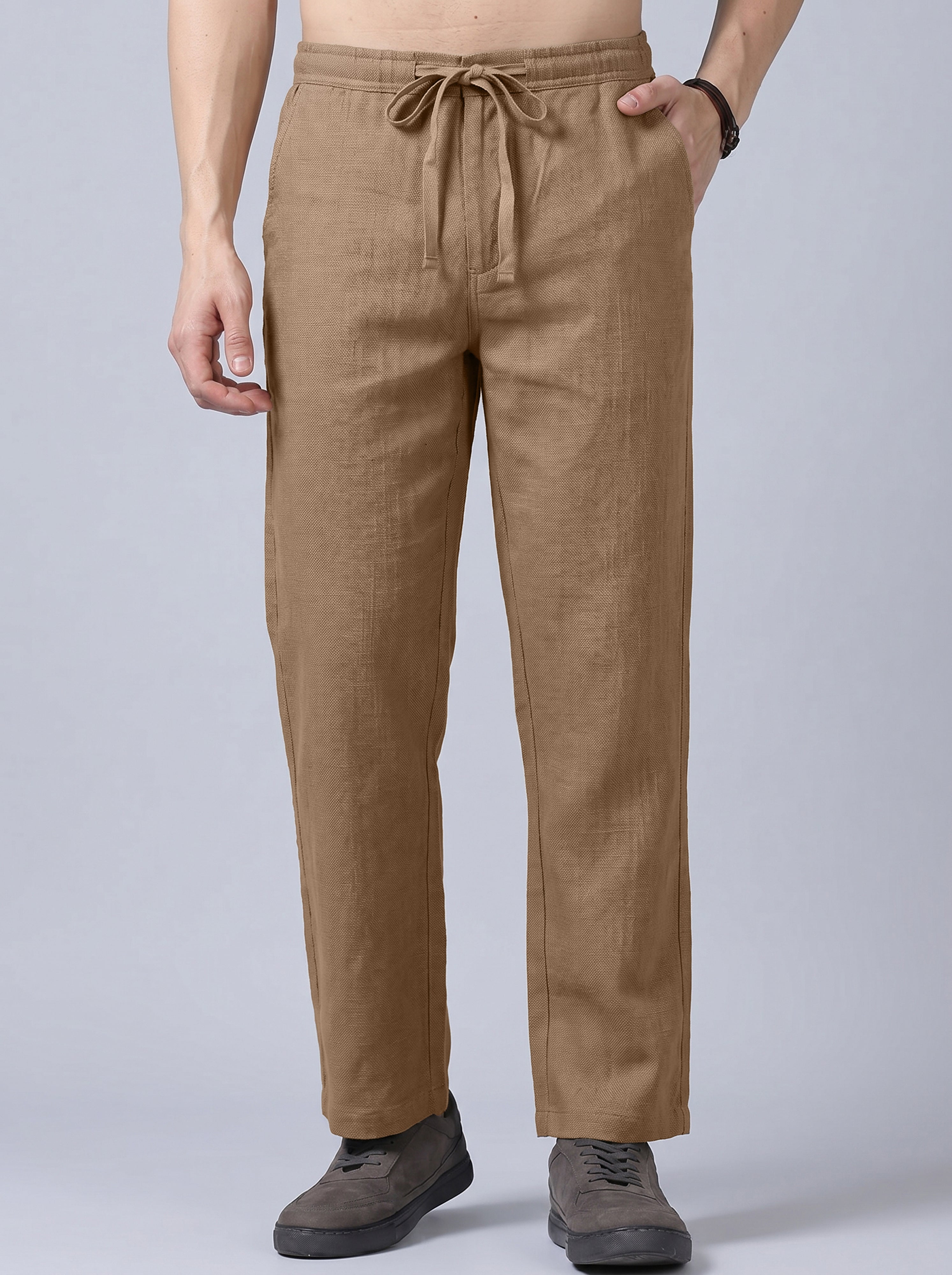Men's Khaki Casual Cotton Linen Trousers with Drawstring