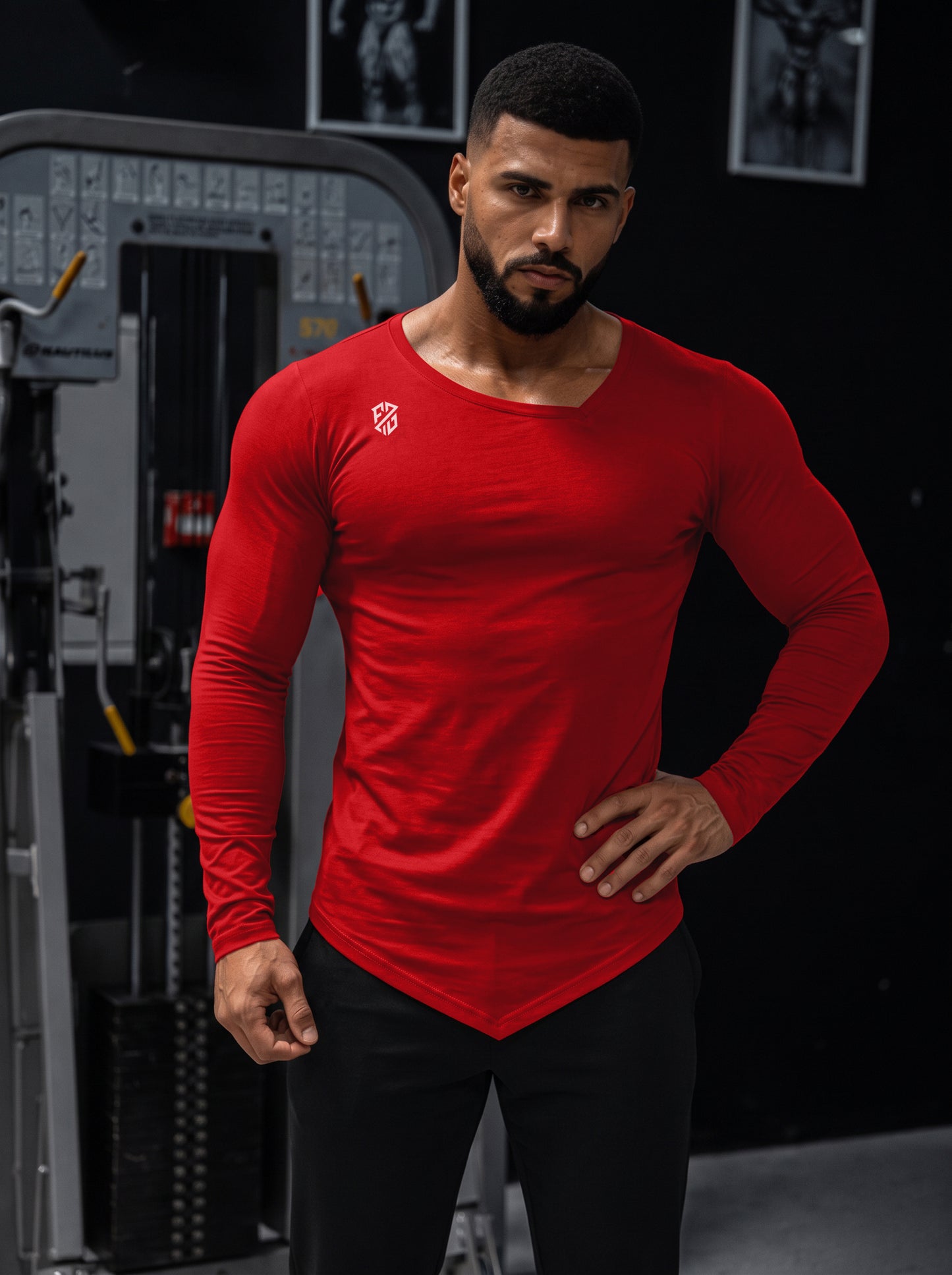 Red V-Cut Hem Slim-Fit Full Sleeve Athletic T-Shirt