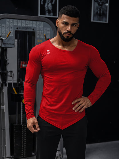 Red V-Cut Hem Slim-Fit Full Sleeve Athletic T-Shirt