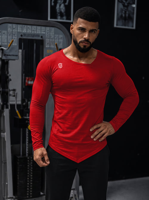 Red V-Cut Hem Slim-Fit Full Sleeve Athletic T-Shirt