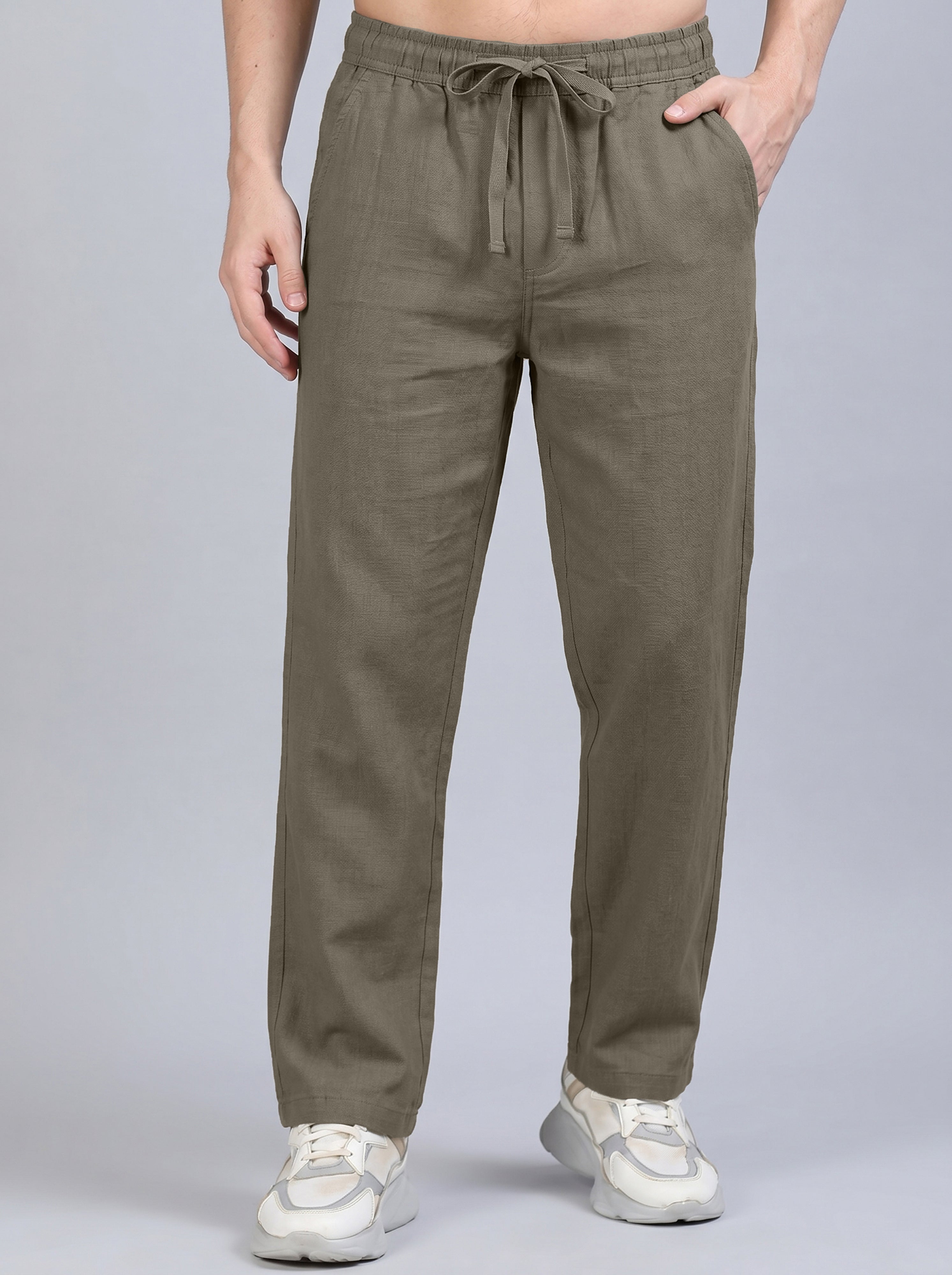 Men's Olive Green Casual Cotton Linen Trousers with Drawstring