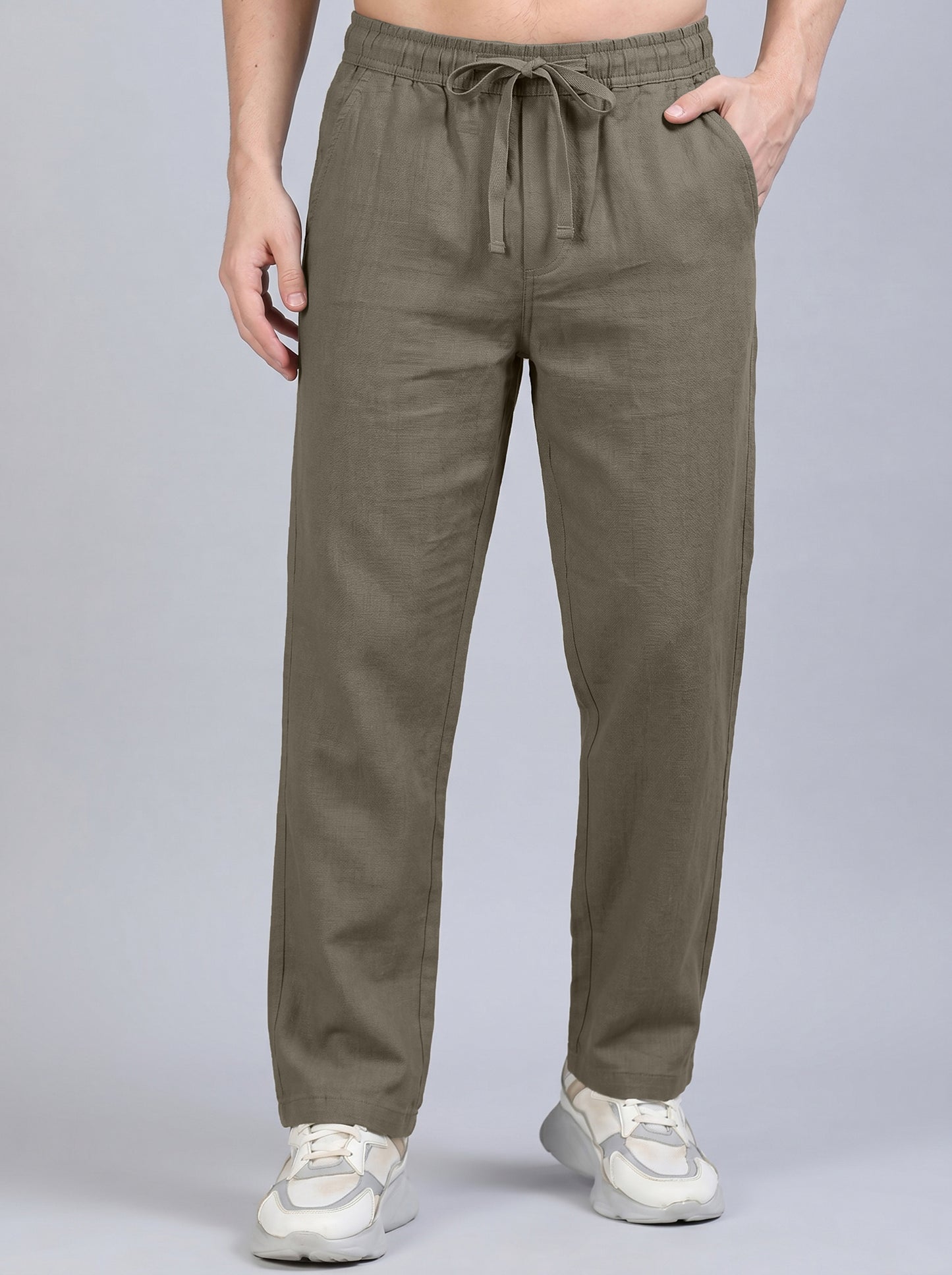 Men's Olive Green Casual Cotton Linen Trousers with Drawstring