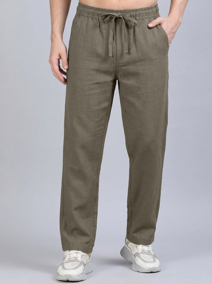 Men's Olive Green Casual Cotton Linen Trousers with Drawstring