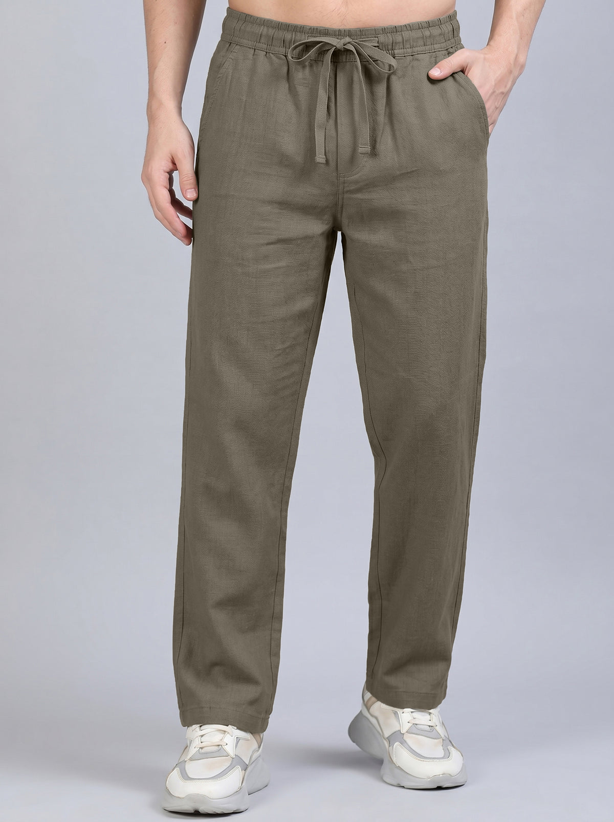Men's Olive Green Casual Cotton Linen Trousers with Drawstring