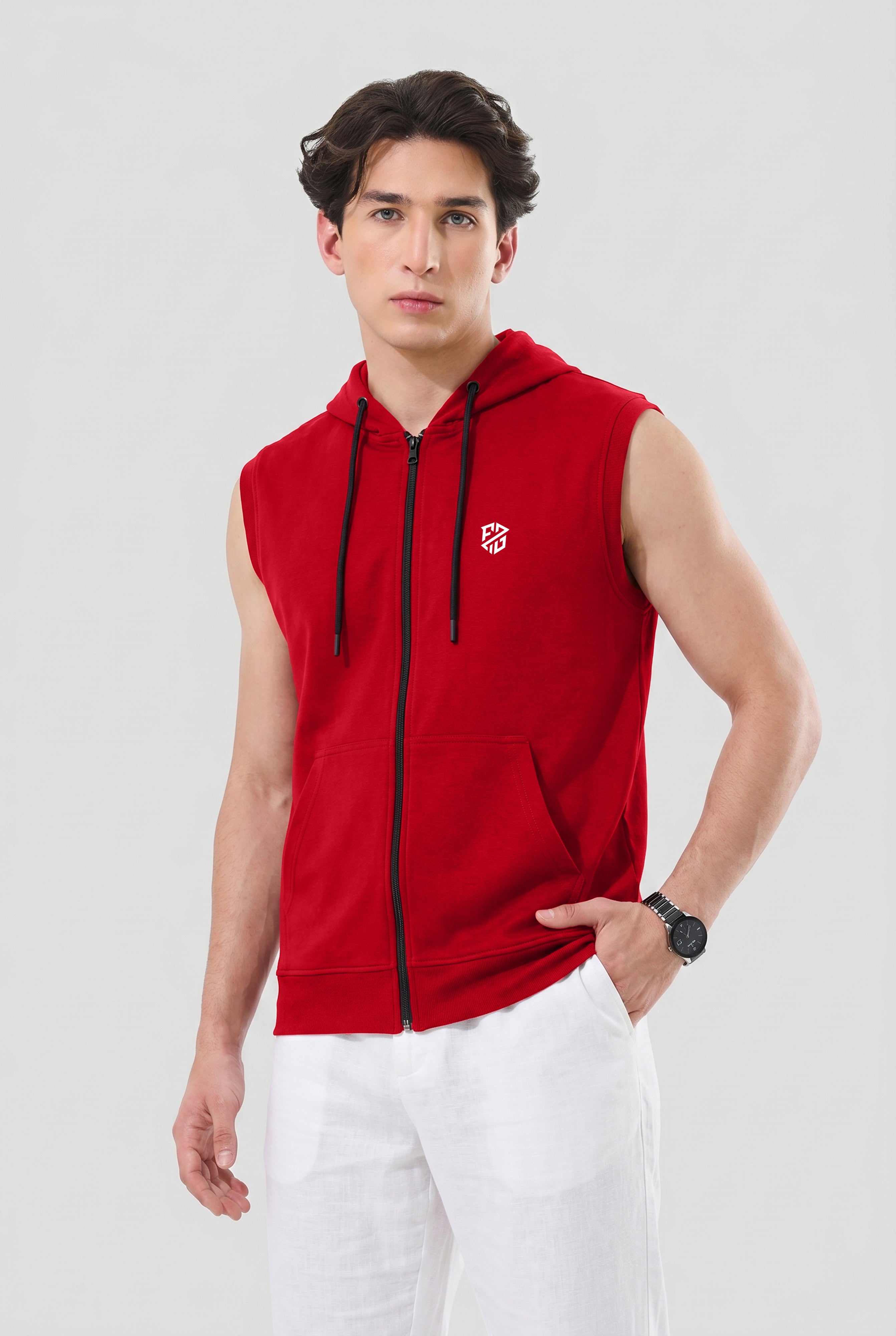 Men's Red Sleeveless Zip-Up Hoodie | Casual Gym & Sportswear Vest