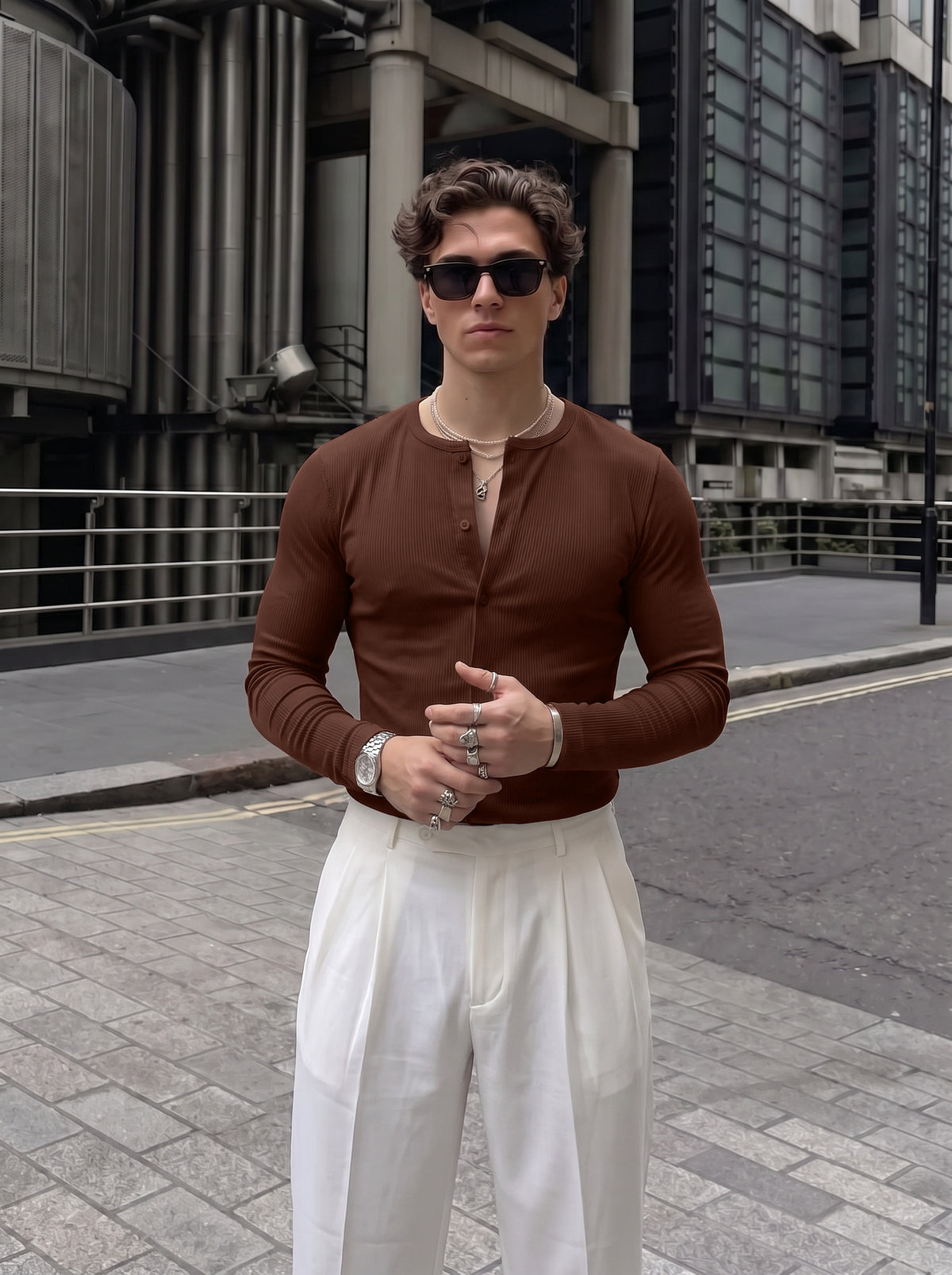 Men's Luxe Coffee Brown Ribbed Cotton Buttoned Casual Shirt