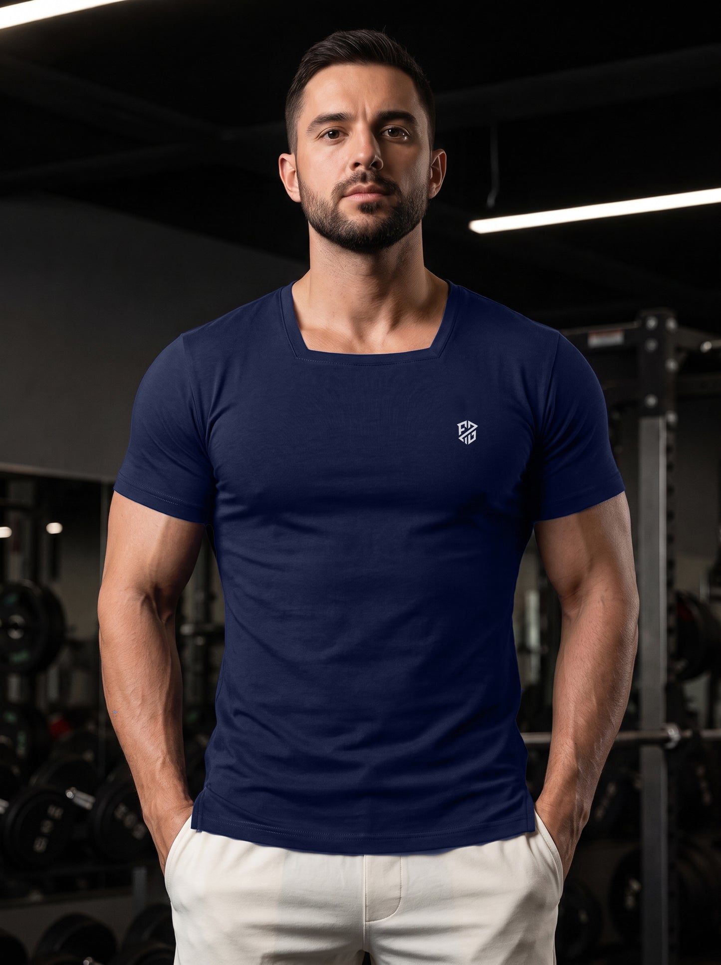 Men's Navy Blue Square-Neck Muscle-Fit Gym T-Shirt