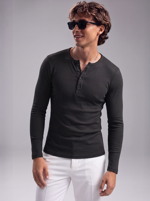 Men's Jet Black Waffle Knit Henley – Long Sleeve Slim Fit Thermal Top