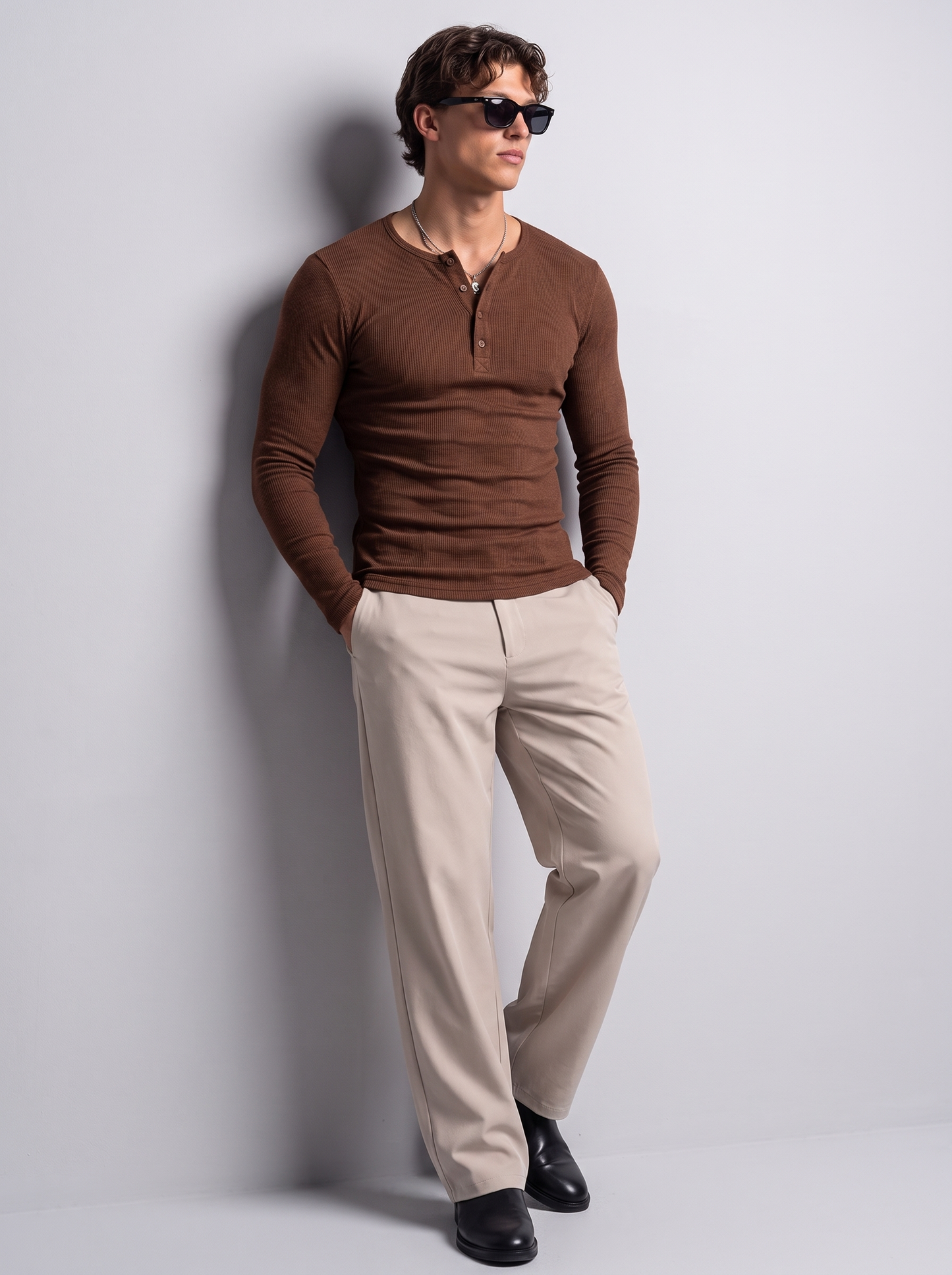 Men's Brown Waffle Knit Henley – Long Sleeve Thermal Slim Fit Top