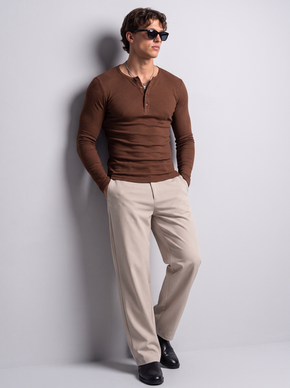 Men's Brown Waffle Knit Henley – Long Sleeve Thermal Slim Fit Top