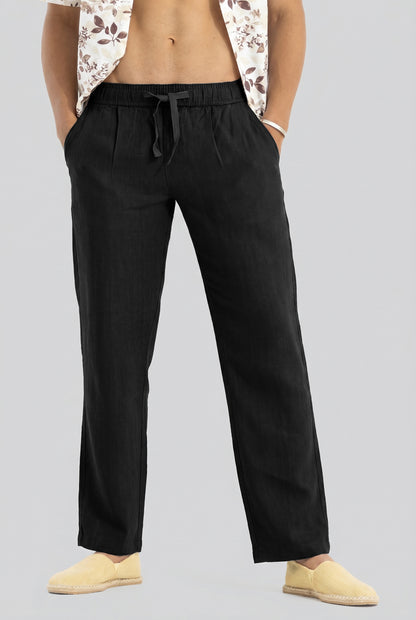 Men's Solid Black Casual Cotton Linen Trousers with Drawstring