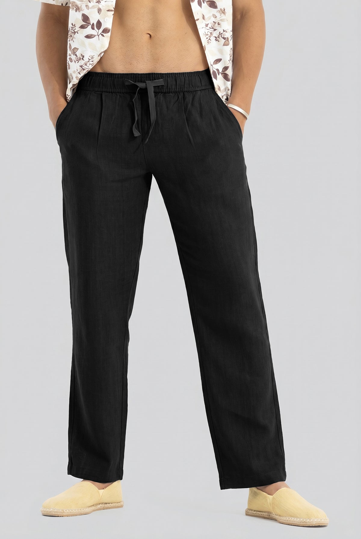 Men's Solid Black Casual Cotton Linen Trousers with Drawstring