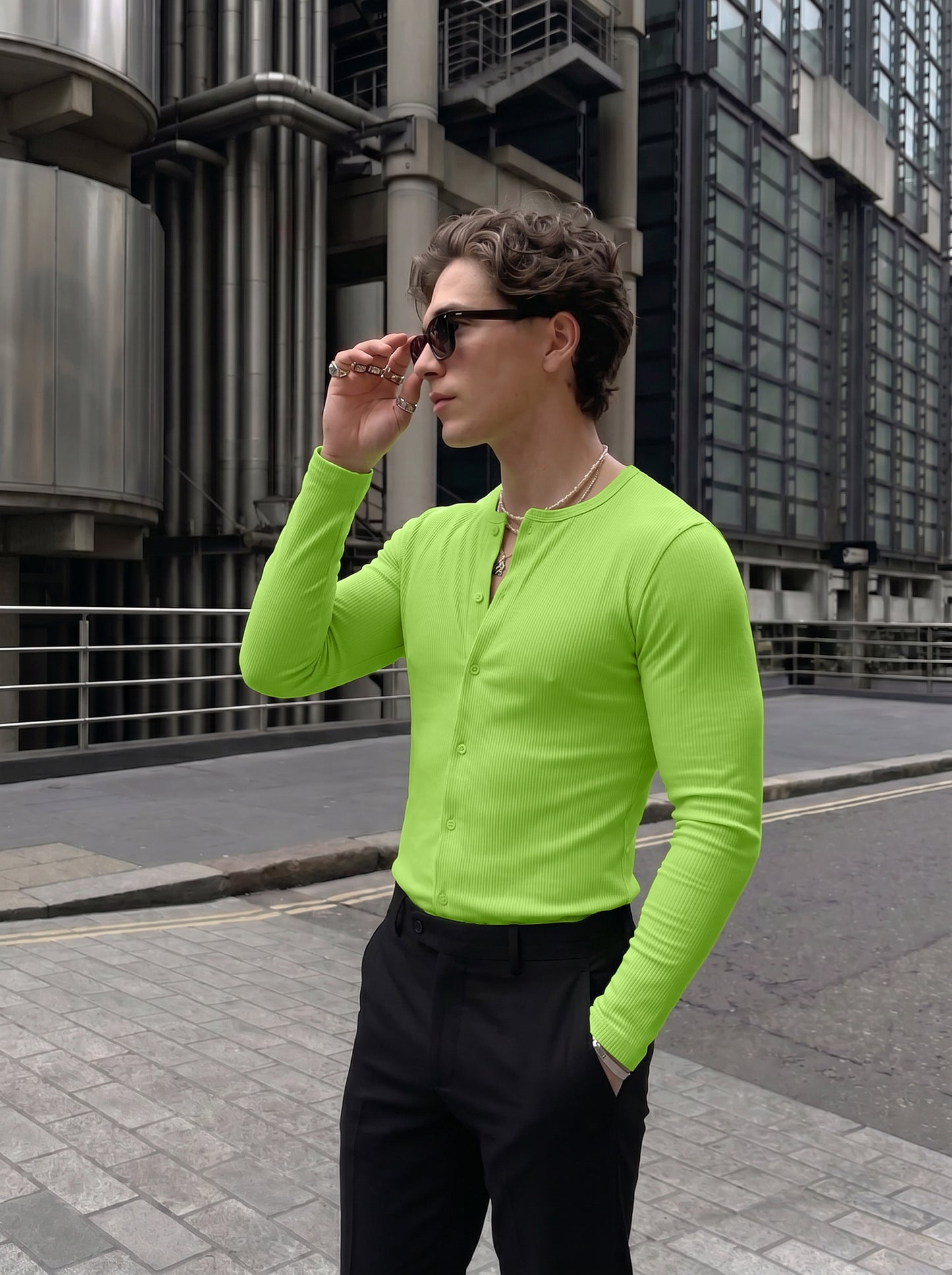 Men's Bold Neon Green Ribbed Button-Down Long-Sleeve Casual Shirt