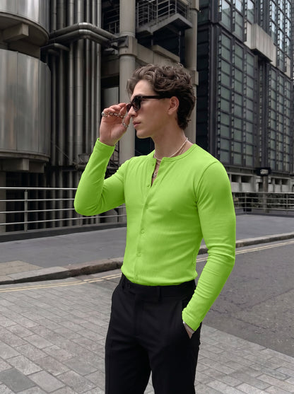 Men's Bold Neon Green Ribbed Button-Down Long-Sleeve Casual Shirt